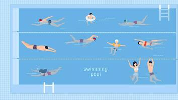 horizontal ilustración con nadadores en nadando piscina. parte superior vista. varios personas y niños en agua, nadar en diferente maneras. vistoso vector antecedentes en plano estilo con sitio para texto.