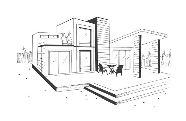 Hand drawn villa. modern private residential house. black and white sketch illustration.