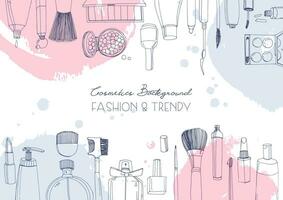 Fashion cosmetics horizontal background with make up artist objects and watercolor spots. Vector hand drawn illustration with place for text.