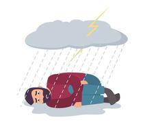 Man in depression concept. Sad and depressed guy under storm cloud and rain. vector