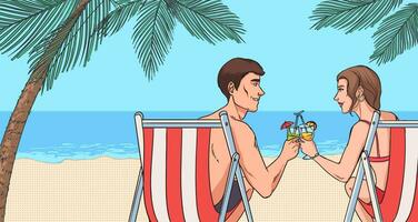 Concept of relaxing on beach. Young couple in love drink cocktails. Beautiful guy and girl near sea in sun loungers. Horizontal colorful vector illustration in comics pop art style.