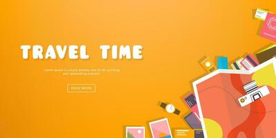 Travel time. Horizontal advertising banner on theme travel, vacation. Preparing for journey. Orange backdrop with things necessary traveler. Top view. Colorful vector background in flat style.