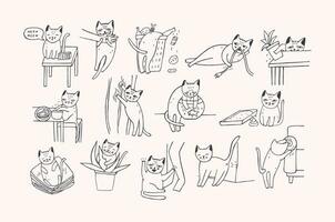 Set of problem with cat behavior. Kitten meowing, bites, scratches, marks sofa, sleeps on clothes, goes to the toilet, digs in the garbage, fishing. Cute hand drawn doodle illustration. vector