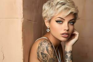 AI Generated Beauty Portrait of pretty girl with short hair and cool tattoos, looking into a camera. photo