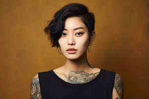 AI Generated Beauty Portrait of pretty girl with short hair and cool tattoos, looking into a camera. photo