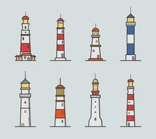 Set of different lighthouse. Colorful vector illustration collection in lineart style on gray background.