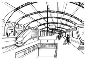 monocromo bosquejo con ferrocarril estación. negro y blanco ilustración con moderno rápido trenes y pasajeros mano dibujado vector ilustración.