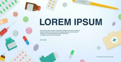 Pharmacy concept banner with place for text. Colorful horizontal background with pills and drugs. Vector medical illustration in flat style.