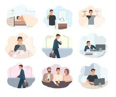 Concept everyday routine. Set of images schedule working day business man. Employment of young office worker. Illustrations in flat style. vector