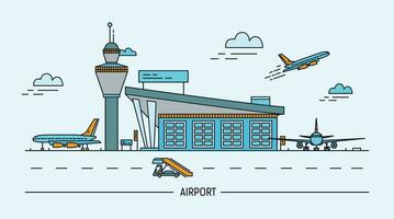 Airport, aircraft. Lineart colorful vector illustration with air terminal and airplanes.