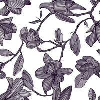Flowering magnolia. Hand drawn monochrome seamless pattern with blooming flowers. vector wallpaper.