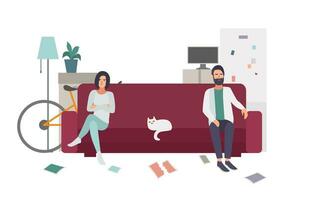 Divorce, family quarrel. Couple on the couch turning away from each other. flat colorful illustration. vector