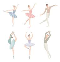 Set of ballet dancer. Vector illustration in flat style. Girl and guy in tutu dress, different choreographic position collection.