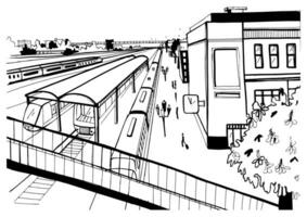 monocromo bosquejo parte superior ver de ferrocarril estación, plataformas con pasajeros mano dibujado vector ilustración.