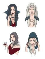 Set of various vampire girl. Woman with fangs and blood. Collection stylish portrait halloween character. Hand drawn vector illustration.