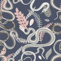 Seamless pattern with snakes and plants. Colorful wallpaper on a tropical theme on gray background. vector