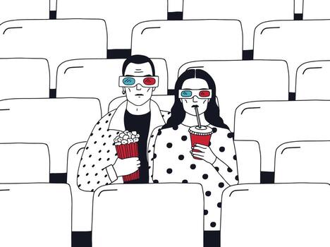 de moda joven Pareja en cine. de moda chico y niña en Gafas 3d con palomitas de maiz y beber. vistoso mano dibujado vector ilustración.