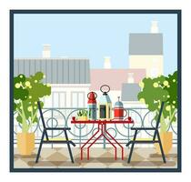 Interior of balcony, table and chairs, potted trees. Beautiful scenery, view of city. Colorful vector illustration in flat style.