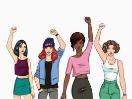 Feminism concept. Different young modern girls with hands up. Colorful illustration. vector