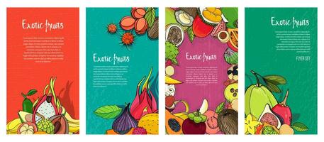 Flyer collection with exotic tropical fruits. Vertical backgrounds with place for text. vector