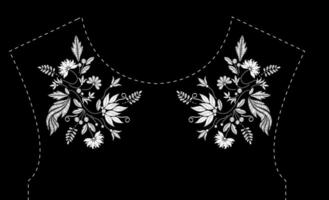 Satin stitch embroidery design with flowers. Folk line floral trendy pattern for dress neckline. Ethnic fashion white ornament for neck on black background. vector