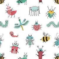 Seamless pattern with funny bug. Background with happy cartoon insects. Colorful hand drawn print. vector