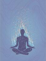 Concept of meditation, enlightenment. Human sitting in a lotus pose. Vertical hand drawn colorful illustration. vector