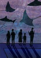 personas en oceanario. parejas, personas con niños acecho pez, tiburones, marina animales mano dibujado vistoso ilustración. vector