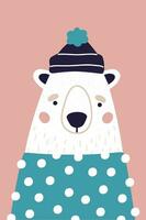 Cute polar bear in hat and sweater on pink background. Vertical greeting card. Colorful illustration for postcard in cartoon style. vector