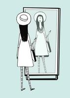 Fashionable girl looks in mirror. Woman with stylish, retro accessories, hat, striped tights, handbag. Hand drawn vector monochrome illustration.