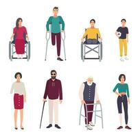 Different disabled people. Cartoon flat illustrations set. vector