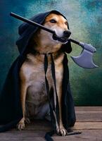 Dog dressed in a black cape with a hood and an ax in his mouth photo