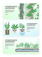 Hydroponic system, gardening technology. Collection of horizontal banners with place for text. vector