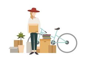 Young girl moving into a new house with things. Cartoon illustration in flat style. vector