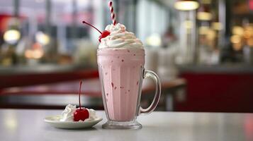 Cherry Milkshake in a Classic American Diner.  food photography concept. Generative AI photo