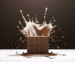 Chocolate splash with a podium, mockup background for milk product display, 3d. Generative AI photo