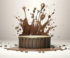 Chocolate splash with a podium, mockup background for milk product display, 3d. Generative AI photo