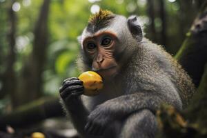 Close up of monkey eating fruit in the jungle. Generative AI photo