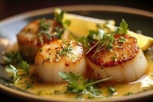 Closeup of pan seared diver scallops with lemon beurre blanc. Generative AI photo