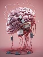 Big pink human brain with many audio jack cables plugged in this barin, 3d render, AI Generative photo