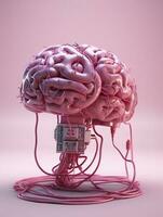 Big pink human brain with many audio jack cables plugged in this barin, 3d render, AI Generative photo