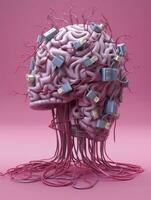 Big pink human brain with many audio jack cables plugged in this barin, 3d render, AI Generative photo