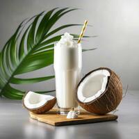 Coconut milk shake glass with fresh sliced coconut. Generative AI photo