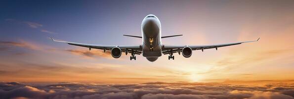 Commercial airplane flying above dramatic clouds during sunset. Generative AI photo