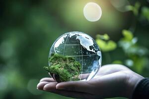 Crystal globe icon for environment social governance concept. Generative AI photo