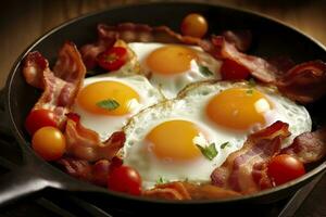 Bacon and eggs in a pan. Composition with tasty fried eggs and bacon on wooden table. AI Generative photo