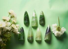 Crystal towers minerals set and white flowers on green abstract background. Generative AI photo