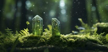 Crystals with moon phases image of moss in a mysterious forest, natural background. Generative AI photo