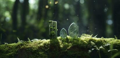 Crystals with moon phases image of moss in a mysterious forest, natural background. Generative AI photo