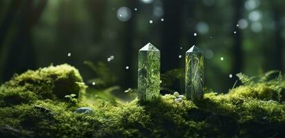 Crystals with moon phases image of moss in a mysterious forest, natural background. Generative AI photo